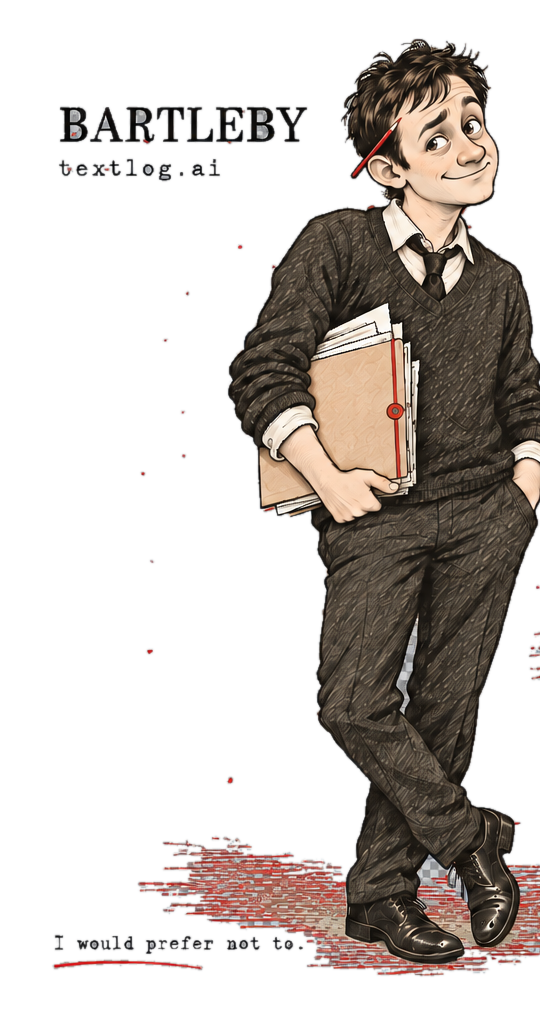 Bartleby — a rumpled young man with a red pencil behind his ear and a folder under his arm. Beneath him, underlined in red: I would prefer not to.